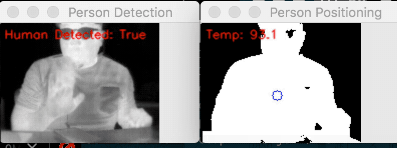 Animated front-view thermal detection showing the system tracking a person in real time