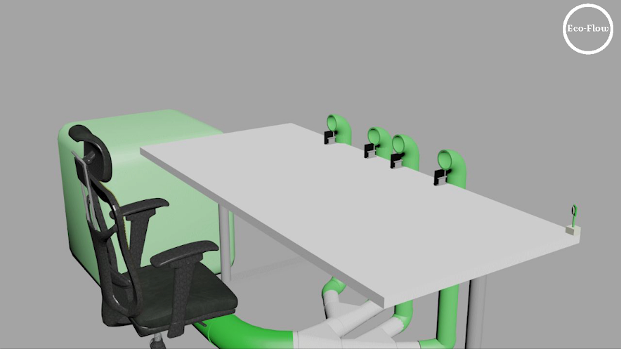3D render of desk concept with green HVAC vents integrated into the desk surface, showing airflow direction