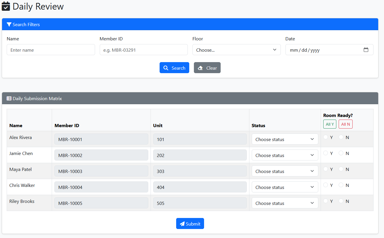 Redesigned housing matrix: Bootstrap grid showing all records with filters, batch toggles, and status indicators