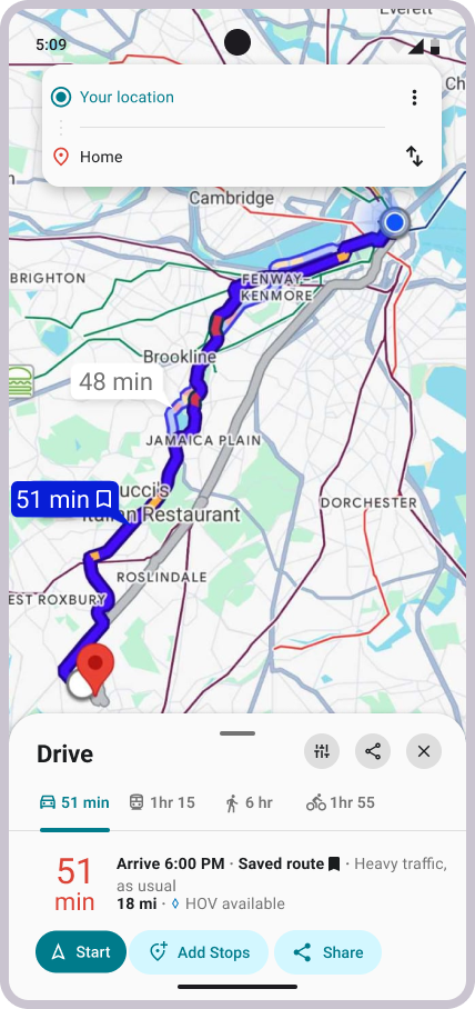 Hi-fi: Jay route selection with saved route and bookmark icon on map label