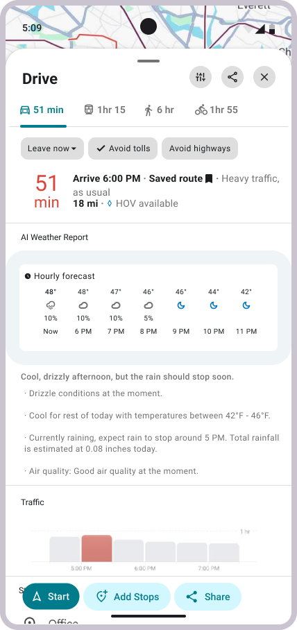 Hi-fi: Jay route detail panel with AI Weather Report and traffic section