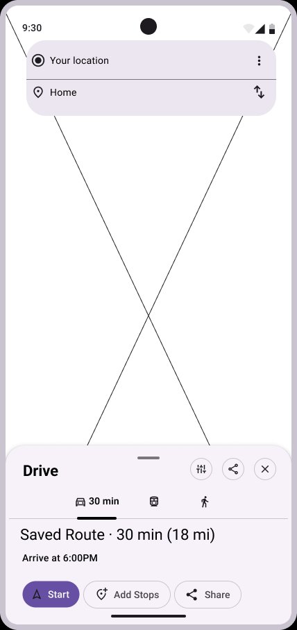 Lo-fi wireframe: Jay route selection, saved route listed first