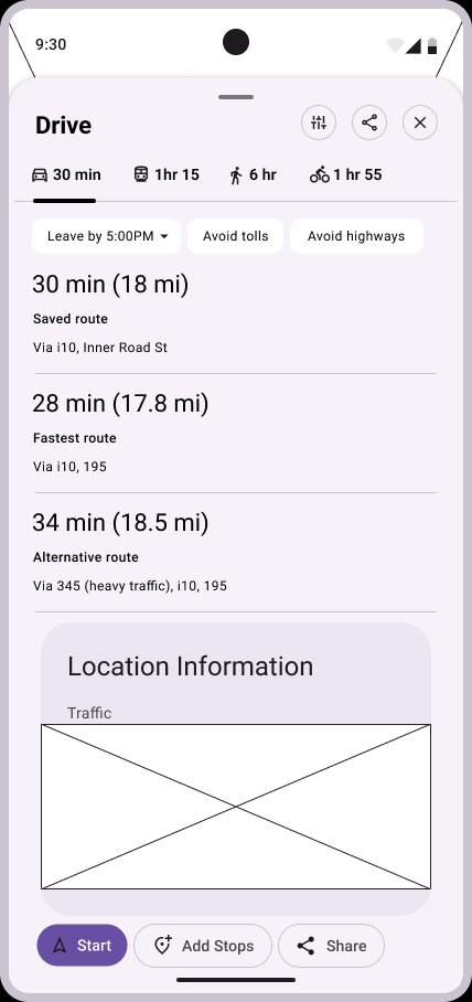 Lo-fi wireframe: Jay route info panel with three routes and traffic placeholder