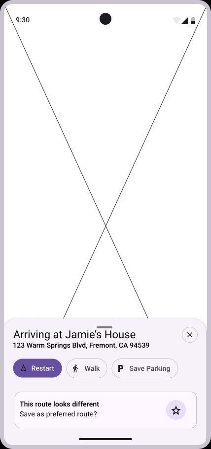 Lo-fi wireframe: Rachel arrival with save route prompt