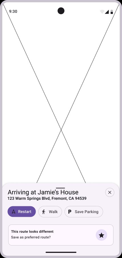Lo-fi wireframe: Rachel arrival after saving route, star icon filled