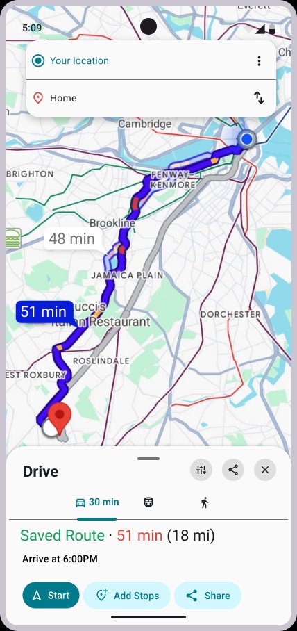 Mid-fi: Jay route selection with real Google Maps tiles and teal saved route label