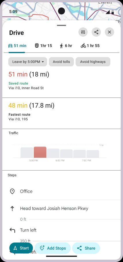 Mid-fi: Jay route info panel with color-coded routes and traffic chart