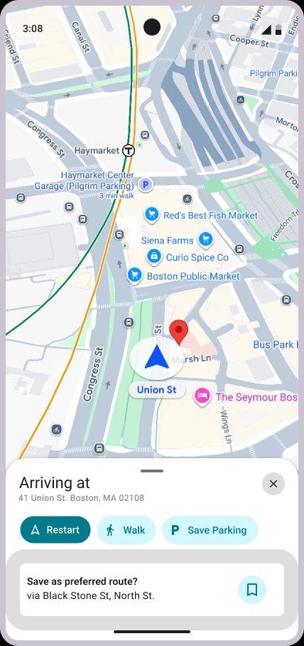 Mid-fi: Rachel arrival with save as preferred route prompt and outline bookmark icon