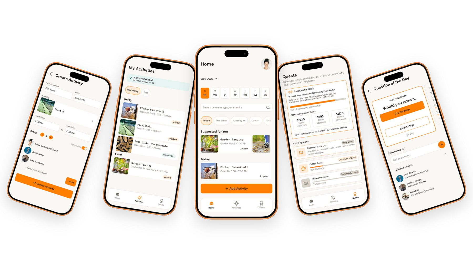 Five high-fidelity Neighbo screens shown on iPhones: Create Activity, My Activities, Home, Quests, and Question of the Day