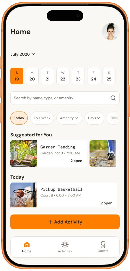 High-fidelity Home screen with date strip, search, filter chips, a Suggested for You shelf, today's activities, and an Add Activity button