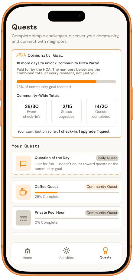 High-fidelity Quests screen with a community goal card, building-wide totals, a personal contribution line, and tiered quest rows