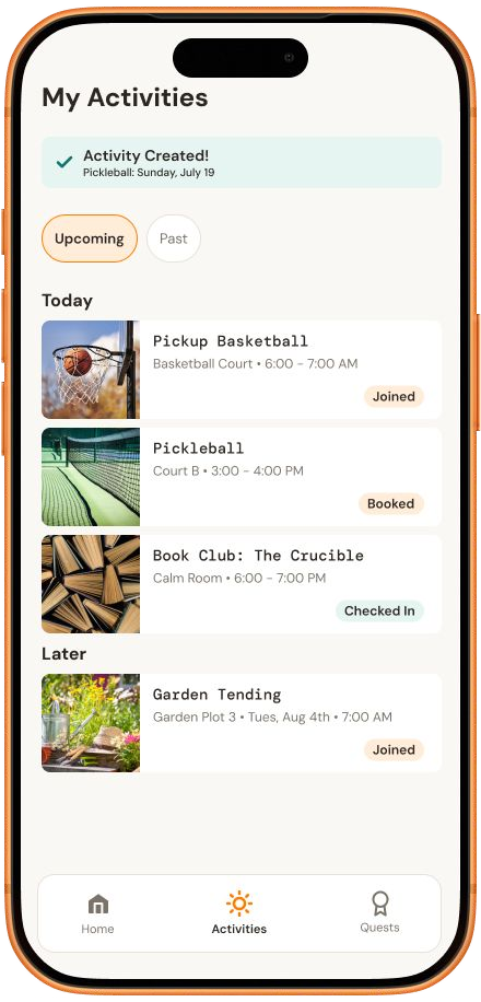 High-fidelity My Activities screen with a confirmation banner and activity rows labeled Joined, Booked, and Checked in