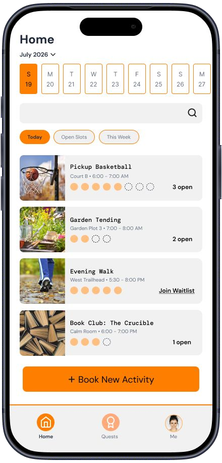 Mid-fidelity Home screen with a date strip, filter chips, and a list of activities with open slot counts