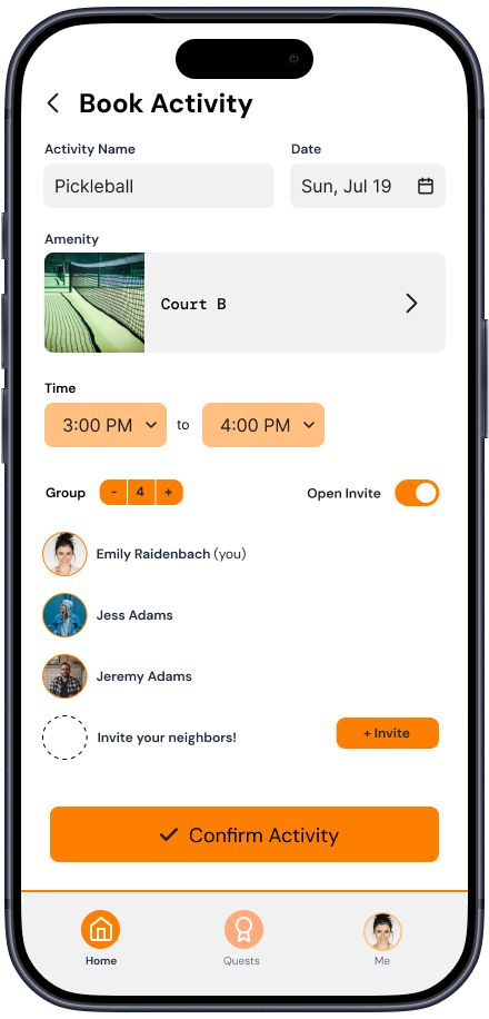 Mid-fidelity Book Activity screen with amenity picker, time range, group size, open invite toggle, and neighbor list