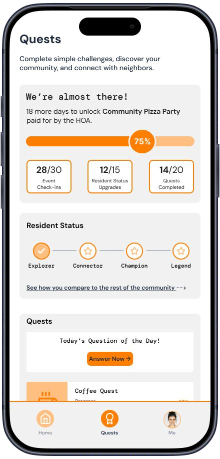 Mid-fidelity Quests screen showing a community progress bar, resident status track, and quest list
