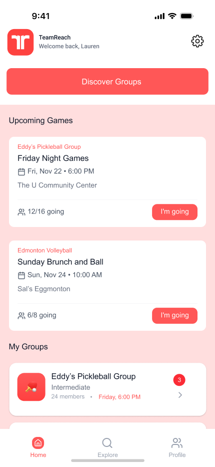 Mid-fi: Home screen with TeamReach branding, upcoming games, and Discover Groups CTA
