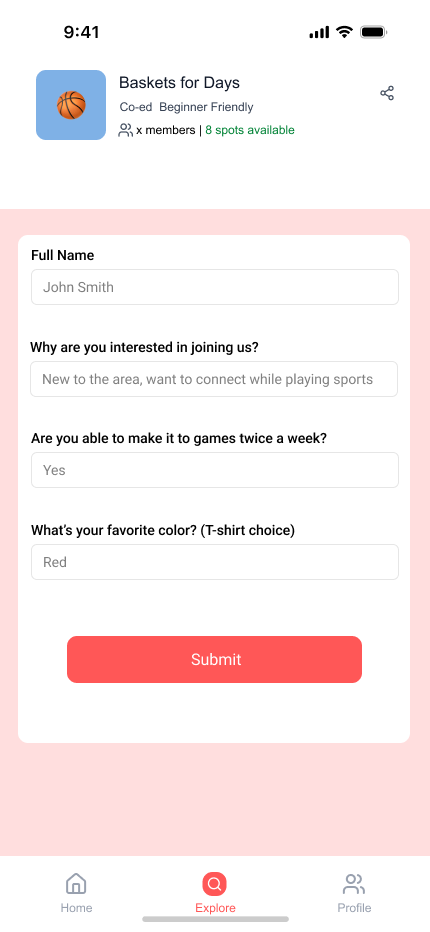 Mid-fi: Request to Join form with real organizer questions replacing placeholder fields