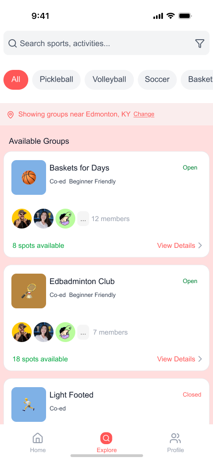 Mid-fi: Search for Groups with Open/Closed status tags and member counts