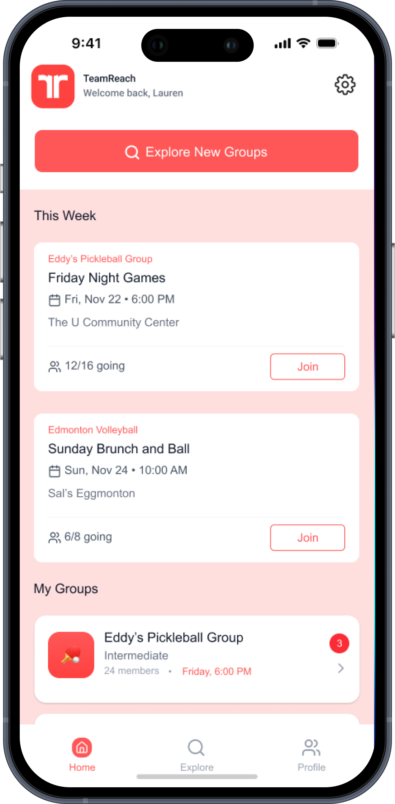 Hi-fi: Home screen with Explore New Groups CTA and refined card layout