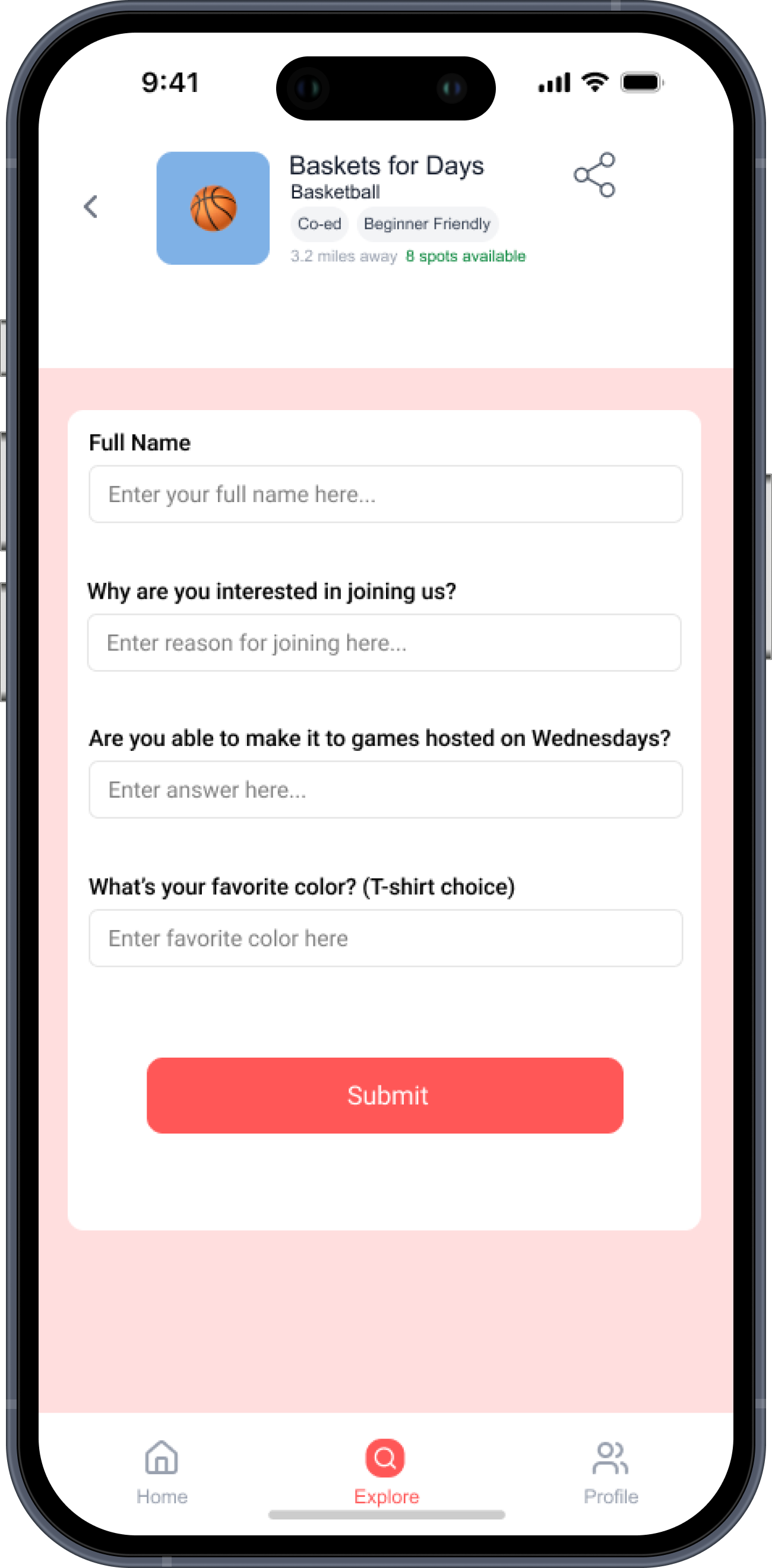 Hi-fi: Request to Join form simplified to 4 clear questions with Submit CTA