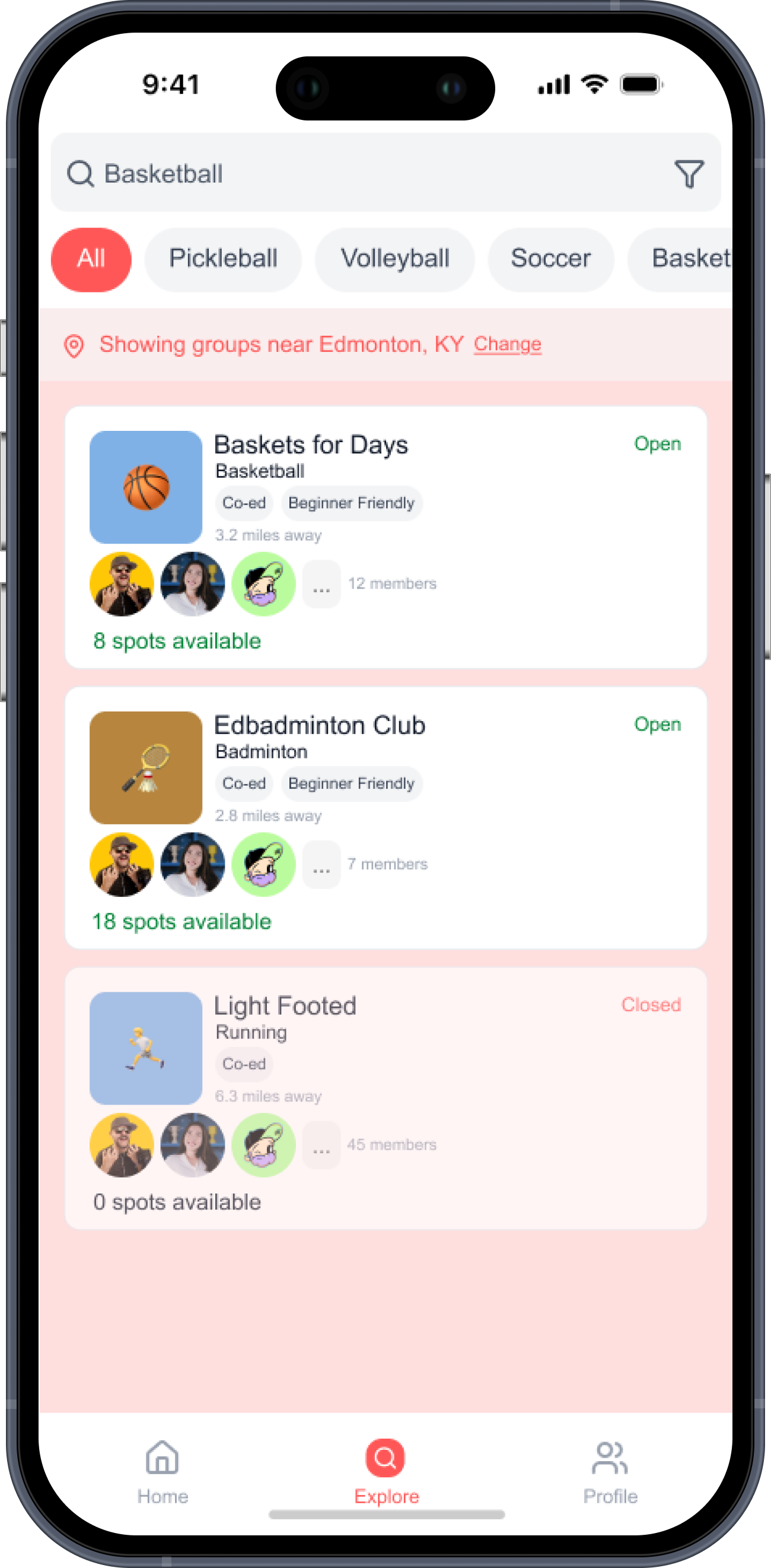 Hi-fi: Search for Groups with sport filter chips: All, Pickleball, Volleyball, Soccer