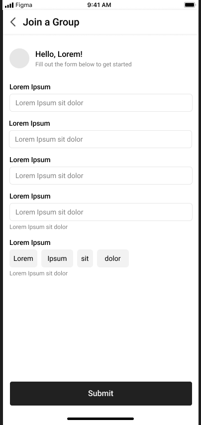 Lo-fi: Join a Group form with generic Lorem Ipsum fields and Submit button