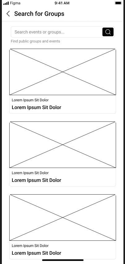 Lo-fi: Search for Groups with list cards and placeholder images