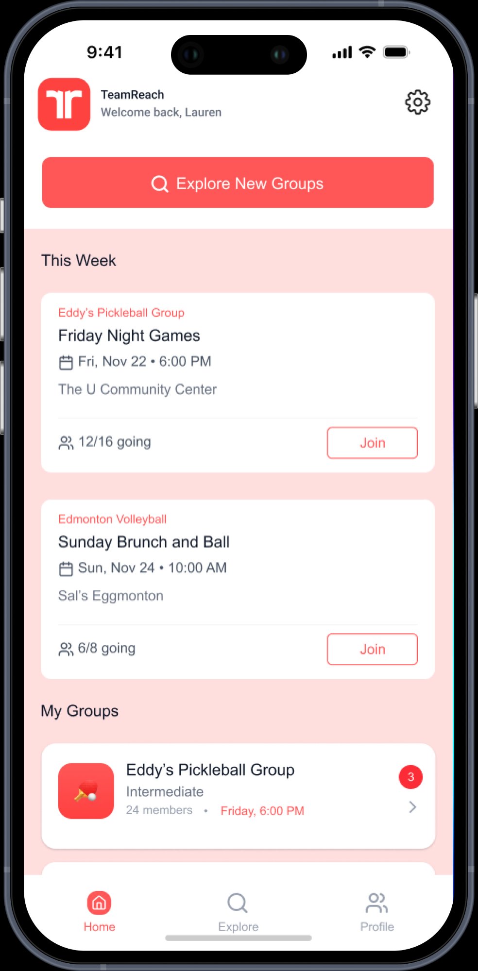 TeamReach home screen